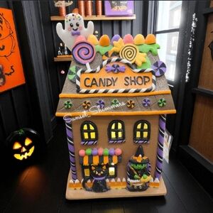 Light Up Haunted Halloween Gingerbread House Candy Shop Ghost Witch Black Cat